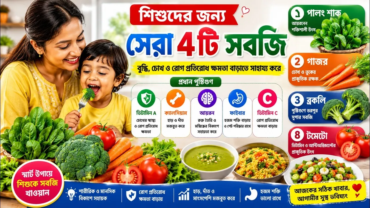 বাচ্চার রোগ প্রতিরোধ ক্ষমতা বাড়ানোর জন্য বিভিন্ন শাকসবজি ও ফলের সমাহার।