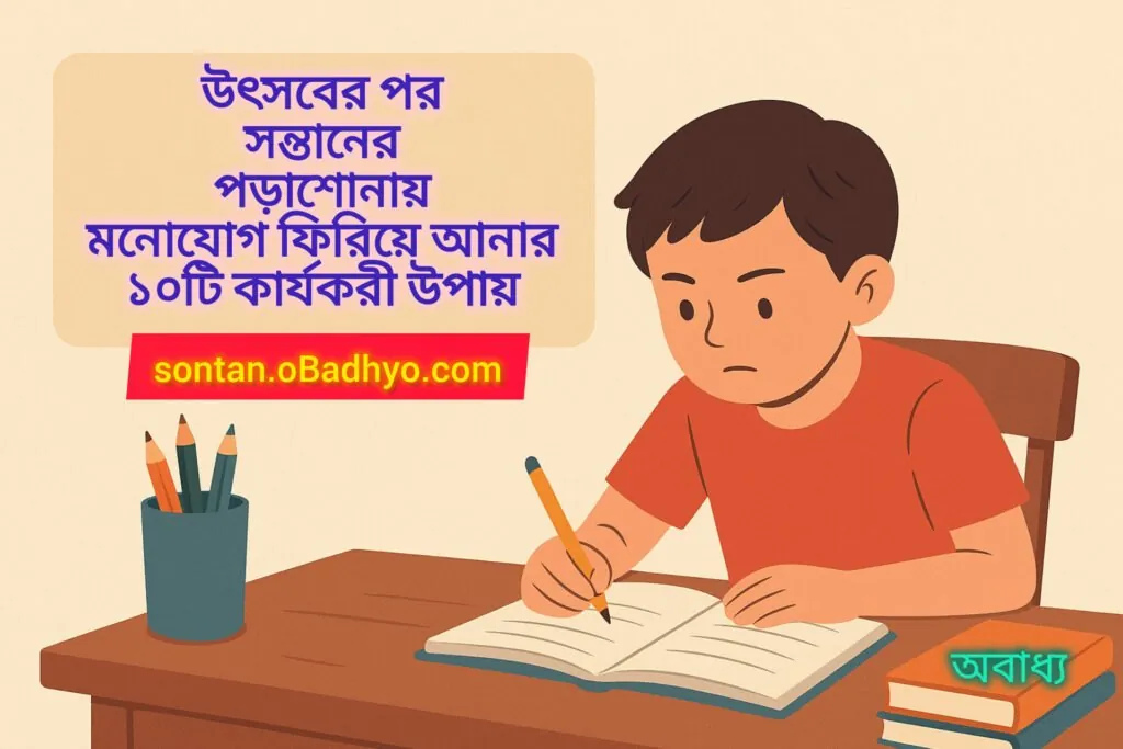 বাচ্চার পড়াশোনার জন্য একটি গোছানো এবং সুন্দর পড়ার টেবিল যা মনোযোগ বৃদ্ধিতে সহায়তা করে।