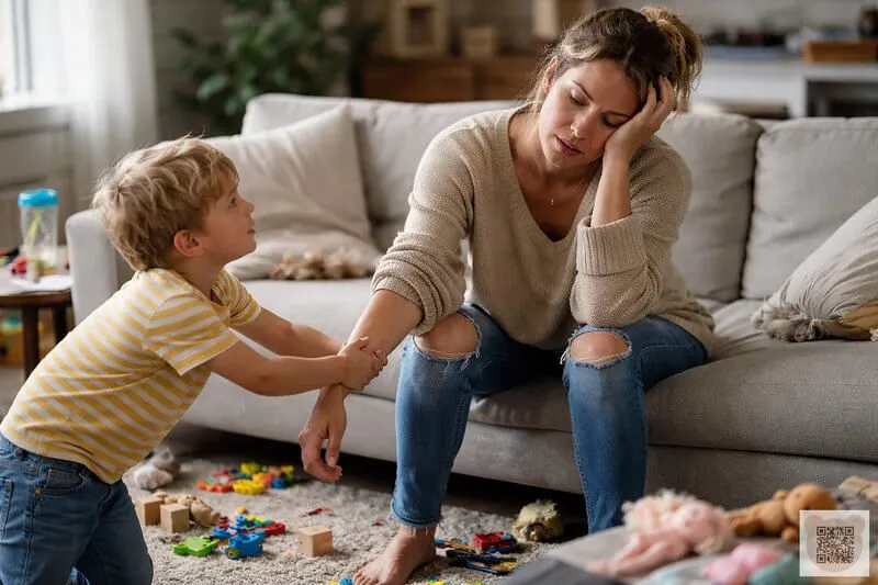 A parent and child sharing a quiet moment together in a library corner.