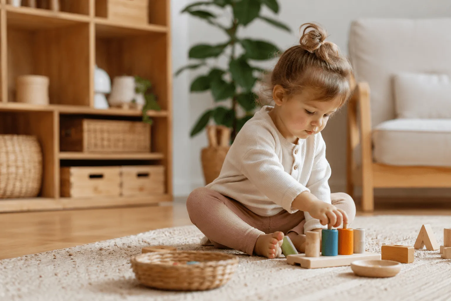 Parent organizing wooden toys on a shelf to help a child play better.